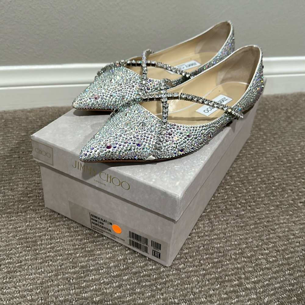 Authentic Jimmy Choo Genevi Flat Ivory/Crystal